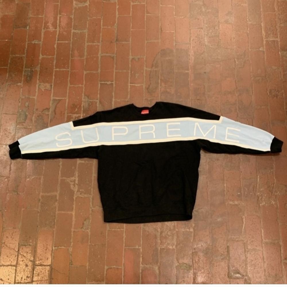 Supreme Black Crewneck with Light Blue Sleeve Stripe